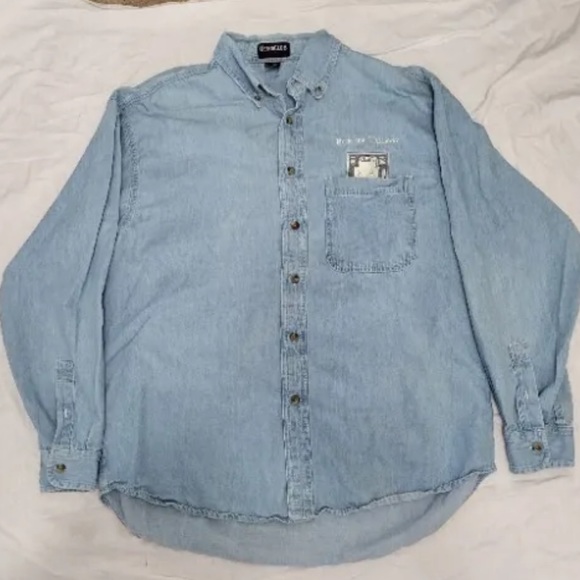 Ltd Edition 2014 Berkshire Hathaway Denim Shirt Embroidered 100 Dollar Bill Sz L